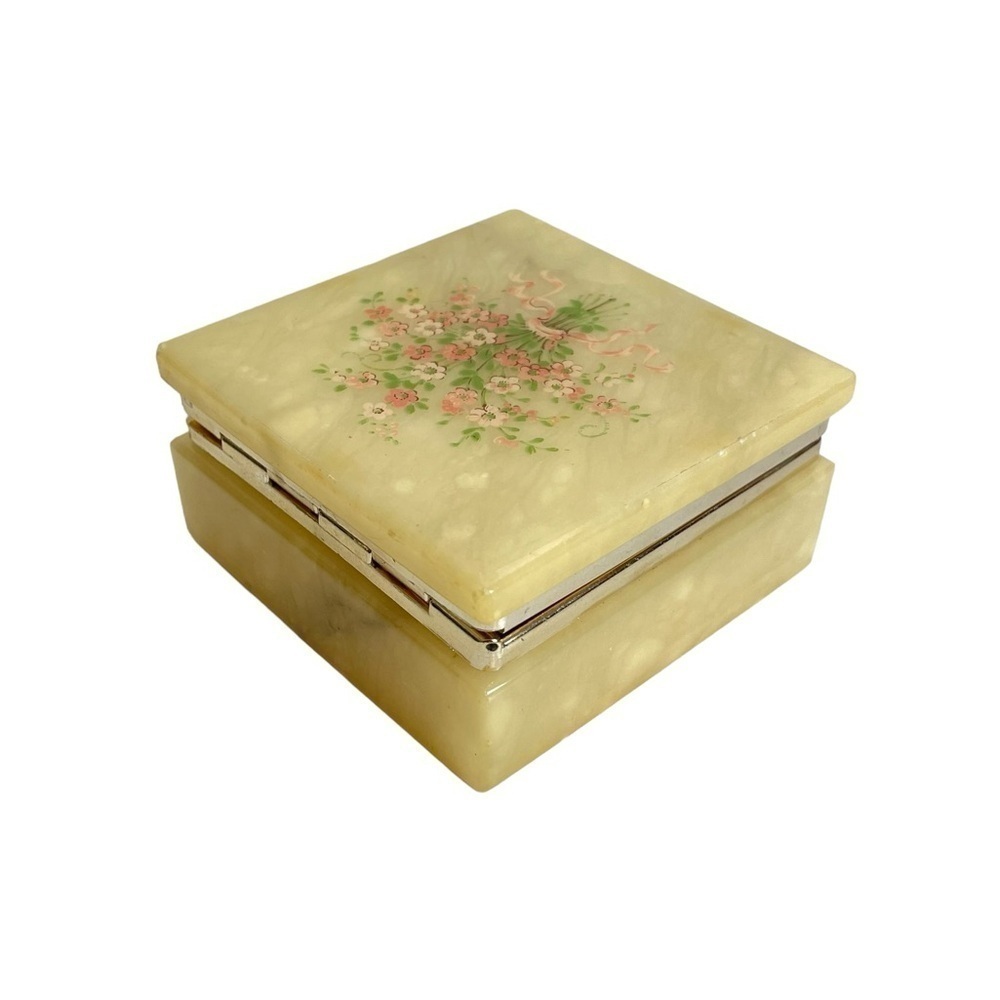 Vintage 1950s Floral Alabaster Trinket Jewelry Holder Box Hand Carved in Italy